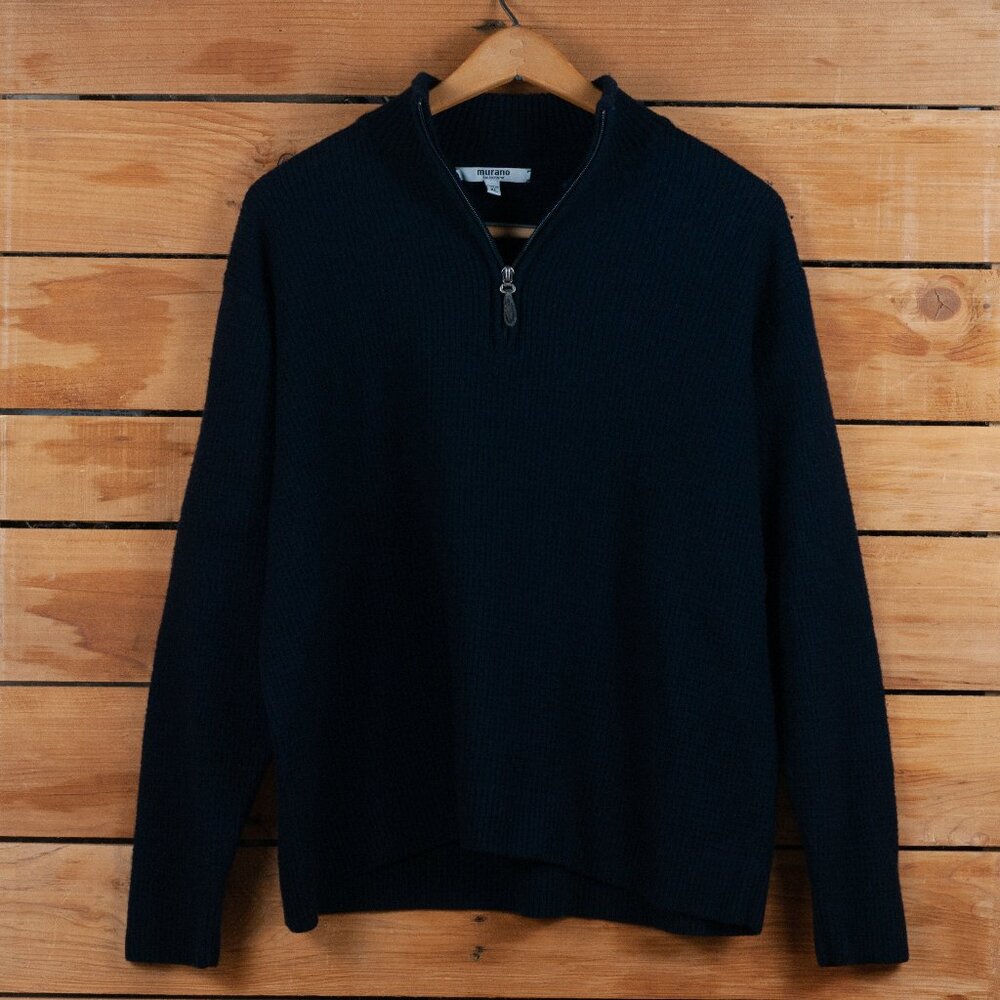 Murano 100% Heavyweight Merino Wool 1/4 Zip Sweater In Dark Navy Blue - Men's XL